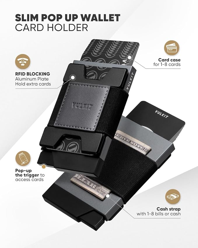 VULKIT Minimalist Pop Up Wallet RFID Blocking Aluminum Credit Card Holder with Expandable Backplate, Holds 12 Cards and Cash for Men and Women Space Grey