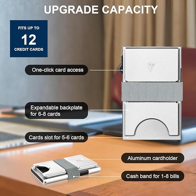 TOYFID Slim Card Holder for Men&Women Compact Metal Front Pocket Wallets Pop Up Quick Access Credit Cards Holder with RFID Blocking Expandable Backplate&Money Band,Holds 12+ Cards,Silver