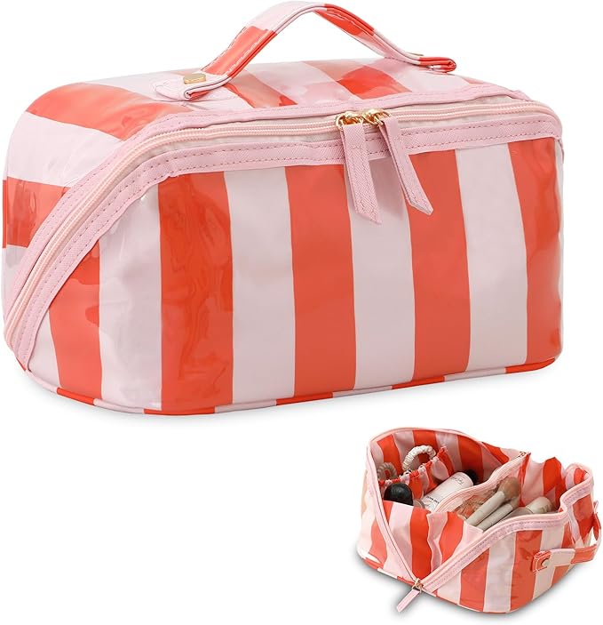 DYSHAYEN Stripe Travel Makeup Bag with Compartments Clear Coated Cosmetic Bag for Women, Waterproof Portable Open Flat Toiletry bag （Pink-Orange）