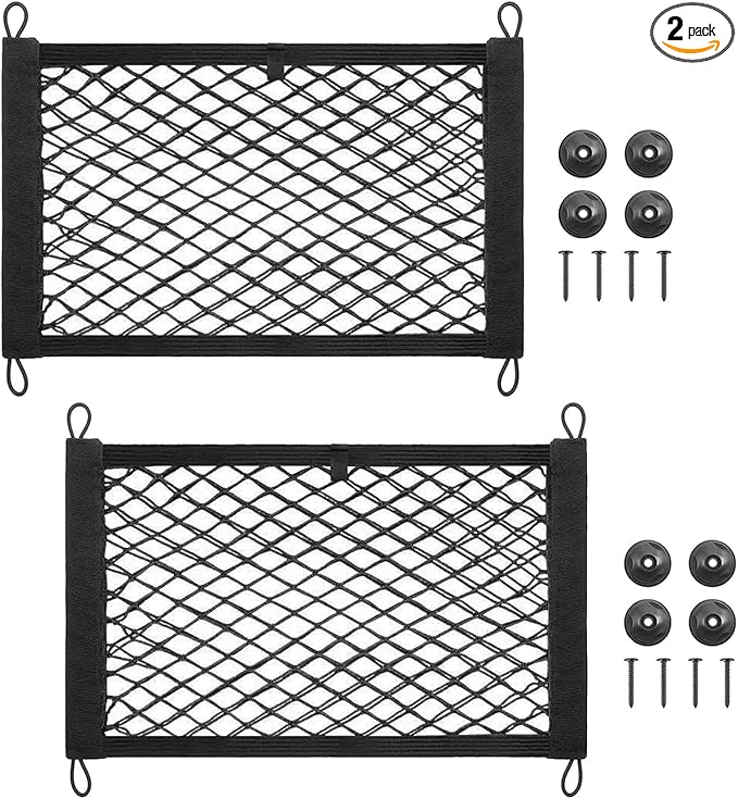 ZMD 2PCS Small Cargo Nets, Pocket Storage Rv Mesh Net Universal Elastic Automotive Cargo Netting Storage Pouch with 8Pcs Mounting Screws&Hooks for Car Truck SUV Boats (18x9.8 Inch)