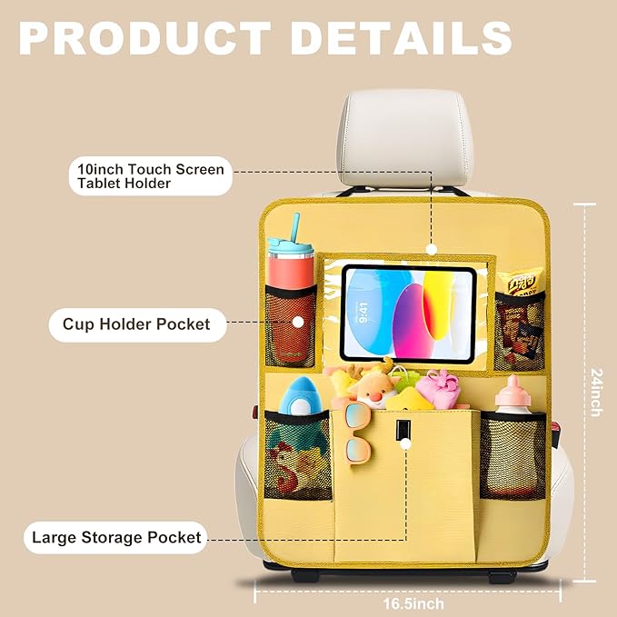 Car Backseat Organizer with Tablet Holder, 6 Storage Pockets Seat Back Protectors Kick Mats for Kids, Car Seat Protector for Road Trips 2 Pack (Beige)