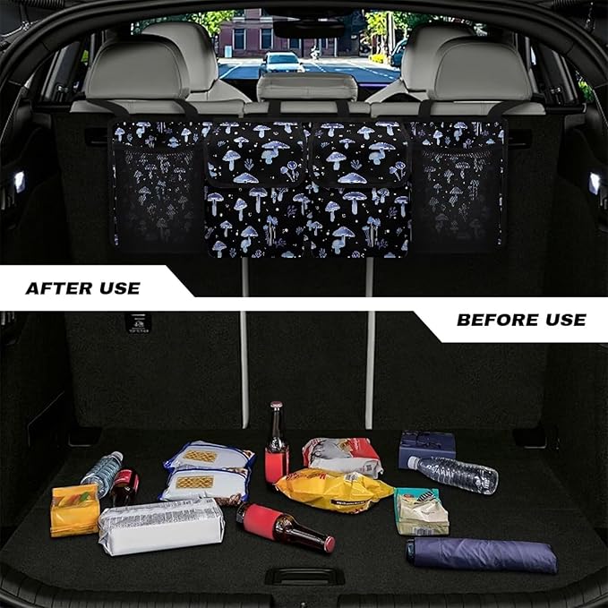 Car Trunk Organizer,Collapsible Large Capacity Auto Backseat Hanging Storage Bag with Adjustable Strap & 4 Pockets,Keep Trunk Clean and Tidy(Blue Mushroom Pattern)