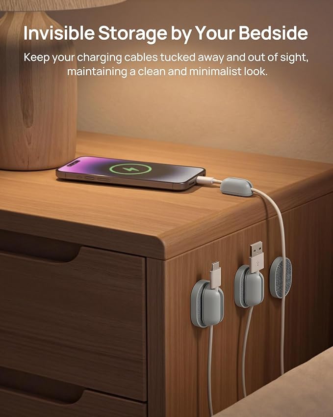 6 Pack Magnetic Cable Holder [2 in 1 Magnet & Adhesive] Cable Clips Silicone for Phone Charger, SODI Minimalist Cord Holder for Nightstand, Adhesive Cord Organizer for Desk, Car, Office (White)