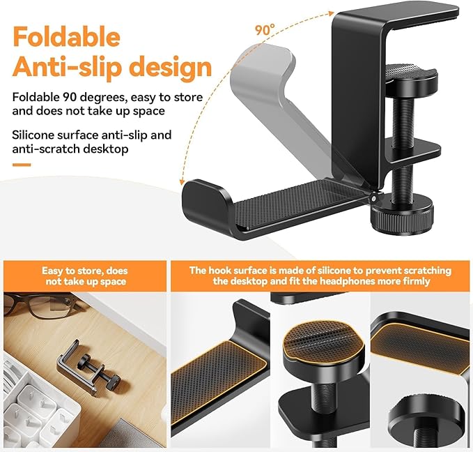 Headphone Hanger Holder Stand -Under Desk Headphone Hanger， Headset Hook Holder with Foldable，Space-Saving Aluminum Stand with Universal Fit for Gaming PC Accessories (Black-1PCS)