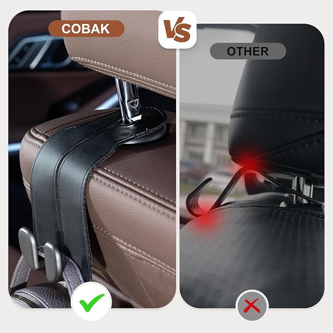 CoBak Purse Hook for Car - Universal Premium Stitched Leather and Aluminum-Magnesium Alloy Double Car Seat Back Storage Hook for Purses, Handbags, Bags (4 Pack),Black