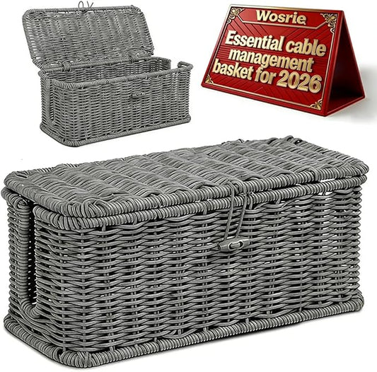 Handwoven Rattan Cable Management Box, Basket to Hide Cords, Open Slots Hider Boxes, Wicker Charging Station Storage Box, For Desk Outlet Covers for Power Strip TV Pc Router(Gray L)