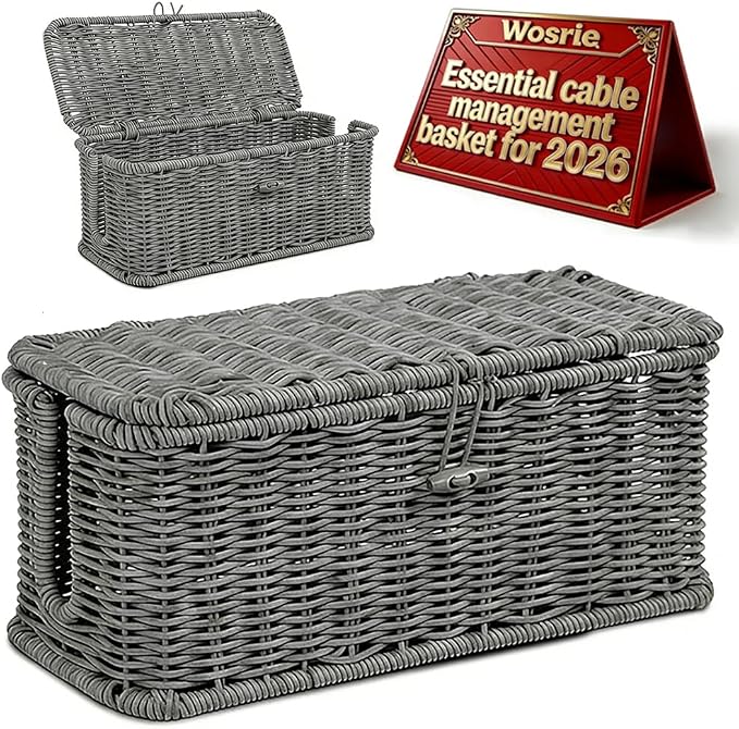 Handwoven Rattan Cable Management Box, Basket to Hide Cords, Open Slots Hider Boxes, Wicker Charging Station Storage Box, For Desk Outlet Covers for Power Strip TV Pc Router(Gray M)