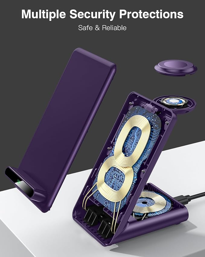 Wireless Charging Station,3 in 1 Charging Stand Made for Apple Watch Ultra 11 10 9 8 7 6 SE 5 4 3,Fast Wireless Charger Made for iPhone 17/Air/16/15/14/13/12,for AirPods Pro 3(with Adapter) (Purple)