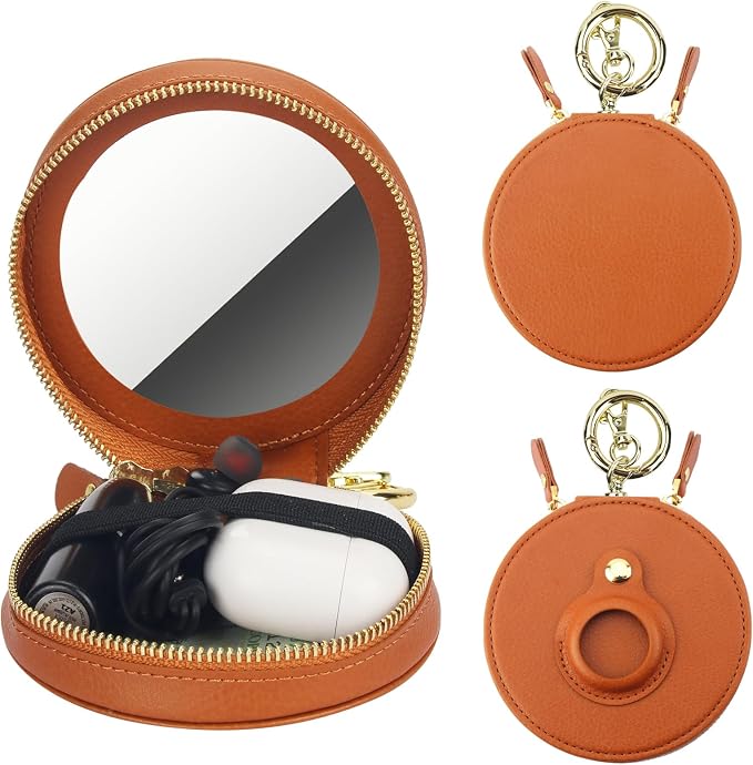 Bocasal Coin Pouch Mini Lipstick Cosmetic Bag with Airtag Holder Mirror, Leather Zipper Travel Makeup Bag Organizer Keychain Ring Clasp for Keys Earbuds Earphone Lip Gloss Chapstick Women Girl (Brown)