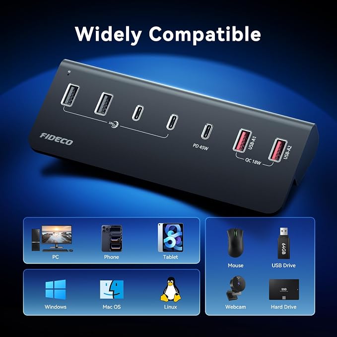 FIDECO 7-Port 72W Powered USB Hub, USB C Hub with 1 PD 45W, 2 QC 3.0 Charging Ports, and 4 USB 3.2 Ports (2 USB-A + 2 USB-C), Aluminum 10Gbps USB Hub for Laptop, PC, MacBook, iPhone 17/16/15, Black