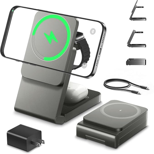 3 in 1 Wireless Charger Station for Multiple Devices, Foldable Magnetic Charging Stand, Portable Fast Travel Wireless Charger for iPhone17/16/15/14/13/12 Pro Max/ AirPods2/3/4 and IWatch Ultra Series