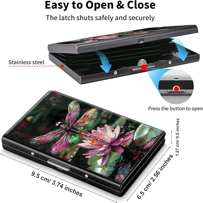 Metal Wallet,Credit Card Holder for Women Men,RFID Blocking Card Holder Mini Slim Aluminum Wallet ID Case Hard Case Business Card Holder Case,Lotus Dragonfly Cute