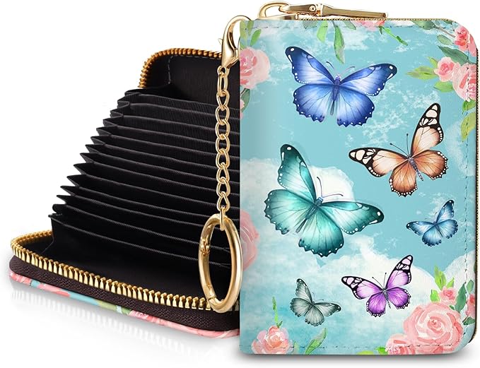 Blusabaca RFID Credit Card Holder Wallets for Women, Small Card Case Wallet with Keychain and Zipper, Butterfly Leather Card Holder Pocket Business Card Accordion Wallet