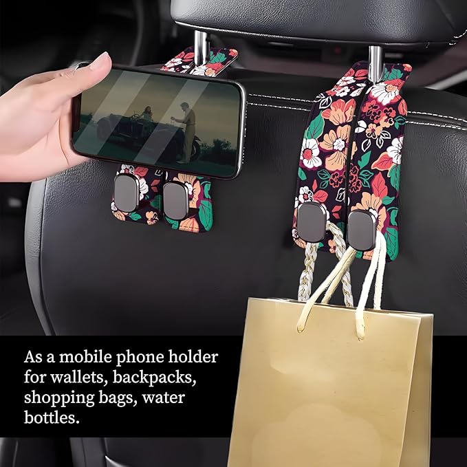 Car Seat Headrest Hook, Universal Leather Cute Hanger Holder Hook, Storage Organizer Interior Accessories for Purse Bags Handbag Colorful Boho Flowers