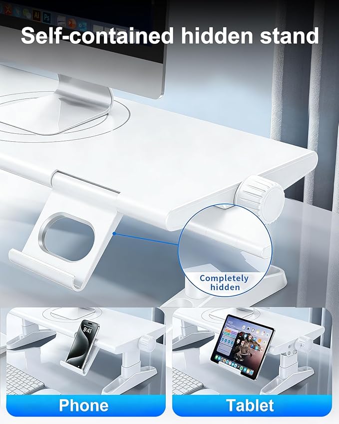 Computer Monitor Stand Riser for Desk with Usb Hub Charging,30W/5Gbps Usb C Docking Station with Power,4.4-5.7'' Height Adjustable with Phone Holder,Monitor Stands Riser for PC,Laptop,Printer(White)