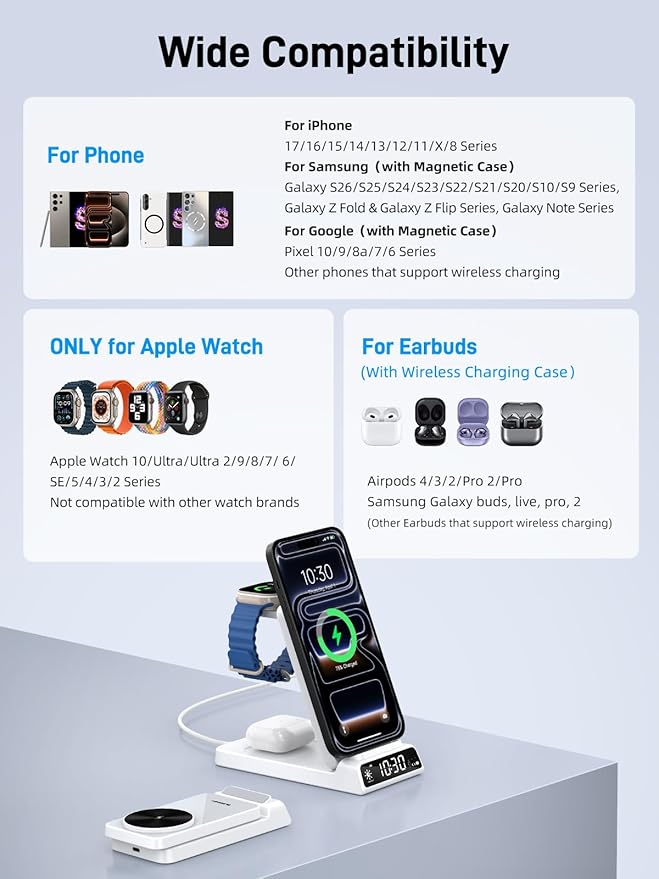 3 in 1 Charging Station for Apple, Magnetic Charger for iPhone, Foldable Wireless Charger with Clock, Travel Watch Charger Stand for iPhone 17/Air/16/15 Series, iWatch 10/AirPods 4 (White)
