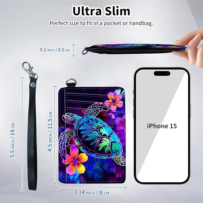 Slim Minimalist Front Pocket Wallet,Credit Card Holder Wallet for Women Men,RFID Blocking Credit Card Holder Case Leather Cute Small Thin Wallet ID Window&Wrist Strap,Glitter Sea Turtle