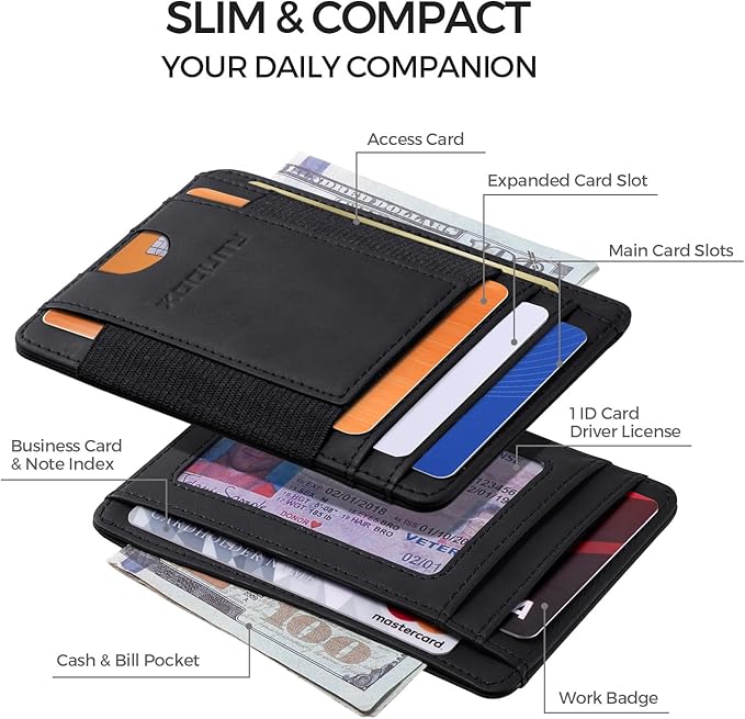 RUNBOX Slim Minimalist Wallet 8-12 Cards Front Pocket RFID Blocking Leather Small Thin Card Holder Wallets for Men and Women Gifts for Him