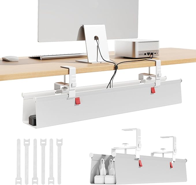 Litwaro Under Desk Cable Management Tray No Drill, 28.4" Cord Organizer with Clamp for Standing Desk, Premium Fabric Cable Tray with Wire Management for Office Home, White