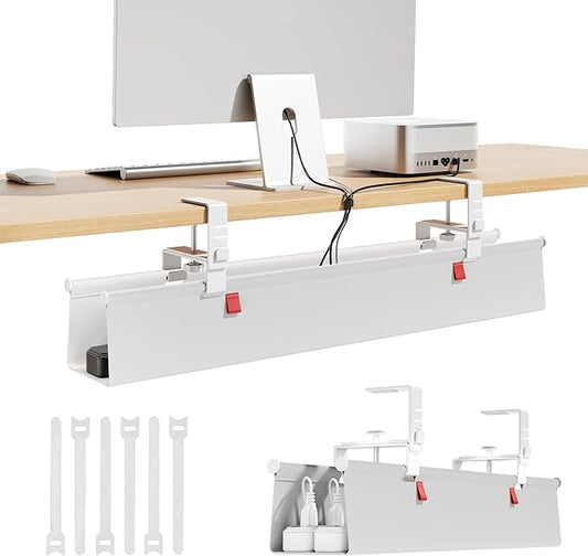 Litwaro Under Desk Cable Management Tray No Drill, 28.4" Cord Organizer with Clamp for Standing Desk, Premium Fabric Cable Tray with Wire Management for Office Home, White