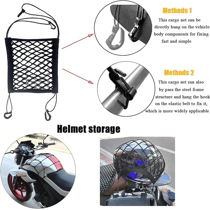 ZMD 2PCS Upgrade Cargo Net for Motorcycle Helmet Storage, 9.8"X11" High-Elastic Double Layer Bungee Net with 8 Hooks, Small Cargo Net for Bikes, Electric Bikes, Scooters, Motorcycles