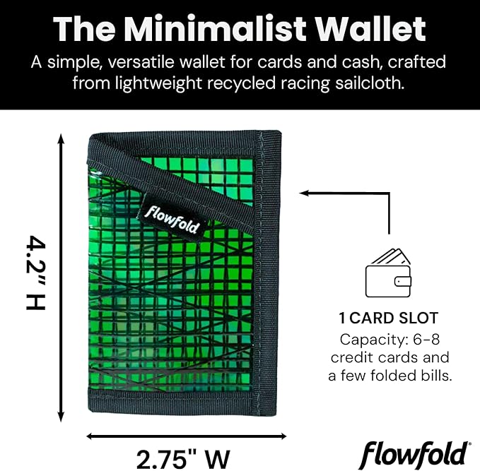 Flowfold Recycled Sailcloth Minimalist Card Holder Wallet | Slim and Durable with Cash pocket and Credit Card Slot | Minimalist Wallet Made in USA Holds 6-8 Cards