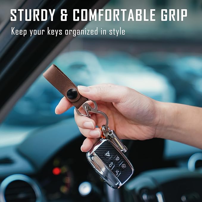 KeyUnity KS03 Leather Belt Keychain with 420 Stainless Steel Carabiner Clip - Multi-Use Key Holder for EDC Outdoor, Home & Travel