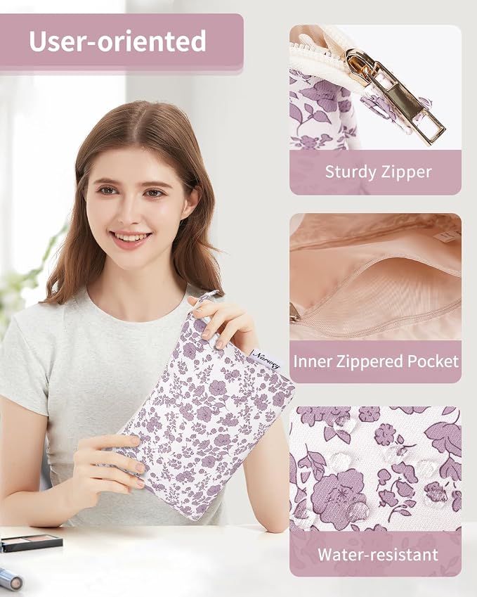 Narwey Small Makeup Bag for Purse Travel Makeup Pouch Cosmetic Bag Zipper Pouch Bags for Women (Dusty Pink Flower)
