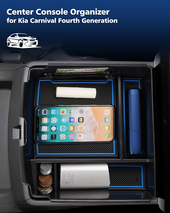 FIILINES Center Console Organizer for Kia Carnival MPV 2022-2026, Center Console Tray Secondary Armrest Storage Box ABS Insert Container with Anti-Slip Mats