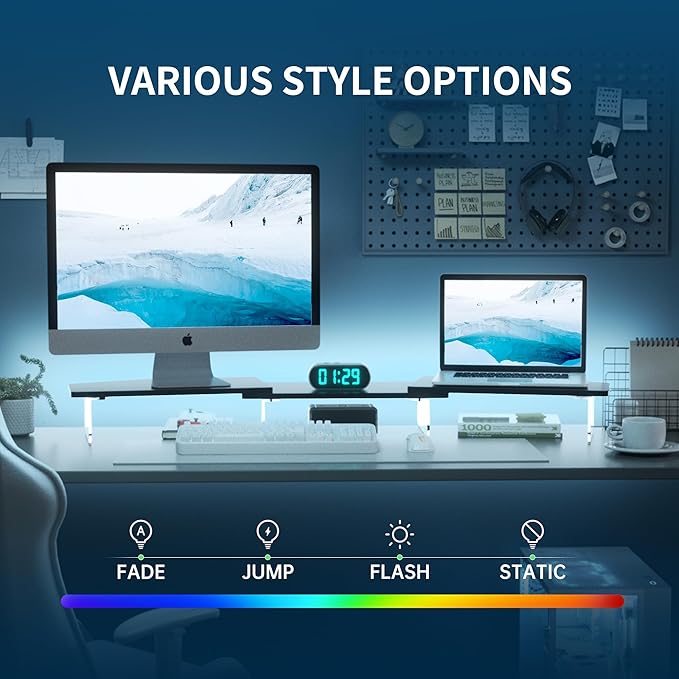 AFOOYO LED Dual Monitor Stand Riser for 2 Monitors,Office Desktop Wooden Stand Adjustable Length and Angle 3 Shelf,Extra Long Multifunctional Stand up to 44.4" for Computer,Laptop,TV,Black