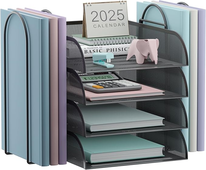 4 Tier Stackable Paper Tray Organizer for Desk, Office Desk Accessories, Paper Sorter Organizer for Letter/A4 Office File Folder Holder (Black, 16.1" x 13.2" x 10.12")