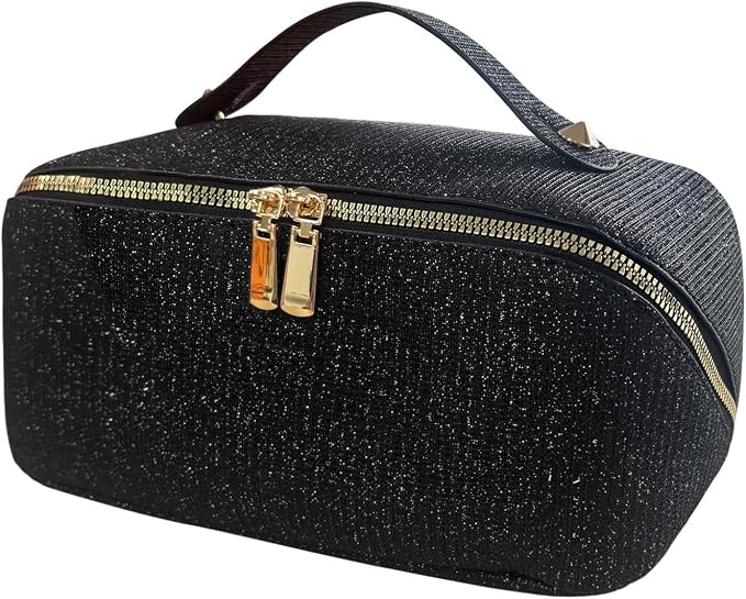 Travel Makeup Bag with Compartments & Organizers – Flat Open Cosmetic Pouch for Women, Purse-Style Design for Traveling, Perfect for Toiletries & Cosmetics Black