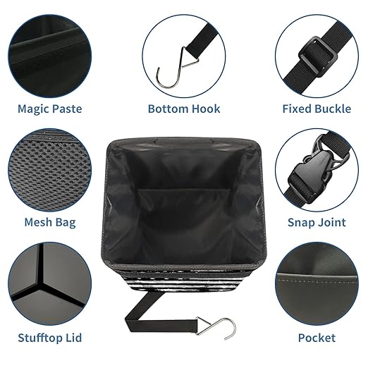 Car Trash Can Black White Grunge American Flag Auto Garbage Bag Car Trash Can with Lid Leak-Proof Car Storage Bag Garbage Bag Hanging for Headrest Collapsible and Portable with Storage Mesh Pocket