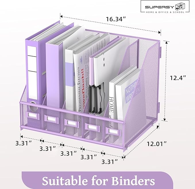 SUPEASY Desk Organizers Metal Desk Magazine File Holder with 5 Vertical Compartments Rack File Organizer for Office Desktop, Classroom, Home Workspace, Purple Plus