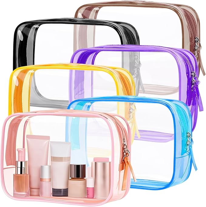 PLULON 6 Pack Clear Toiletry Bags, TSA Approved Clear Makeup Bag Quart Size Travel Bag Pouches Portable Cosmetic Bag for Traveling Men Women - Mixed Color
