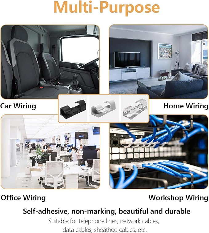 60 Pcs White Cable Clips with 3M Adhesive, Wire Holders Under Desk, Cord Management for Wall, Car, Ethernet, PC, Christmas Light Indoor/Outdoor