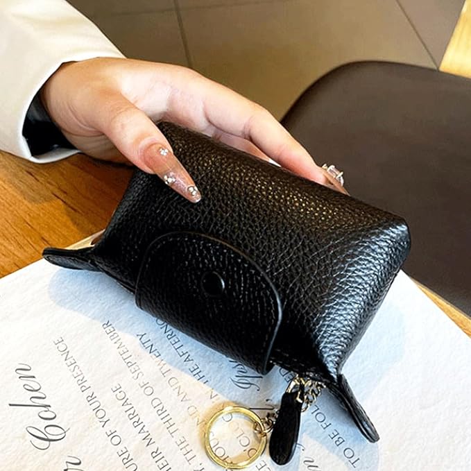 Genuine Leather Coin Purse for Women, Small Leather Mini Wallet with Keychain, Compact Change Purse for Cash, Cards, Coins and Keys, 5.12 Inch, Black