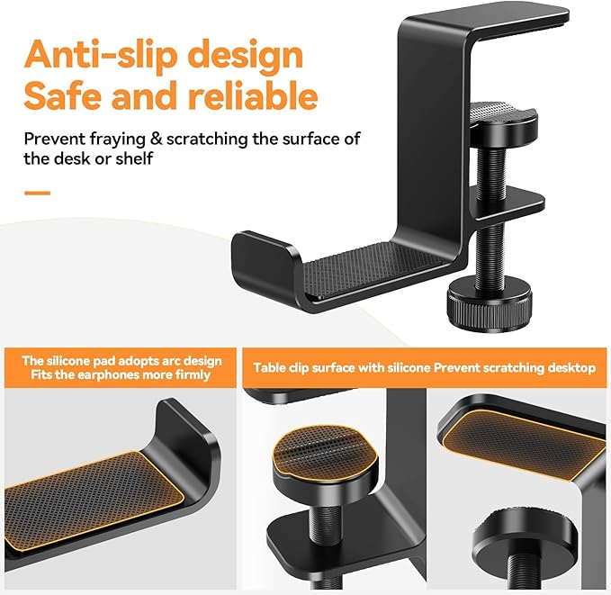 Headphone Hanger Holder Stand-Under Desk Headphone Hanger， Headset Hook Holder Space-Saving Aluminum Stand with Universal Fit for Gaming PC Accessories (Black-1PCS)