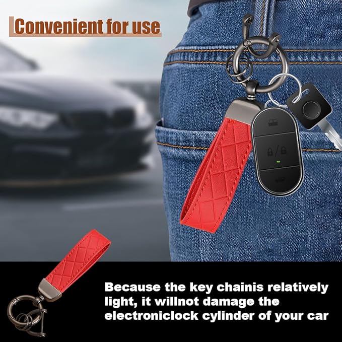 Leather Car Keychain - 360 Degree Snap Swivel Key Ring - Key Tag Car Key Fob Keychain Holder with Anti-Lost D-Ring - Key Organizer for Men Women (Red)