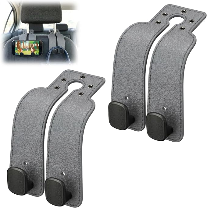 Headrest Hooks for Car, Car Seat Hooks for Headrest, Seat Back Storage Hook, Twinhook Leather Car Headrest Hangers, Seat Back Universal Fit Storage Organizer for Purses and Bags Cute (2, Grey)