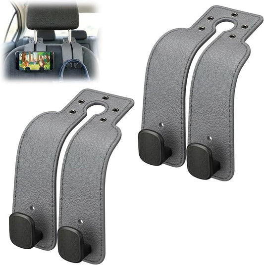 Headrest Hooks for Car, Car Seat Hooks for Headrest, Seat Back Storage Hook, Twinhook Leather Car Headrest Hangers, Seat Back Universal Fit Storage Organizer for Purses and Bags Cute (2, Grey)