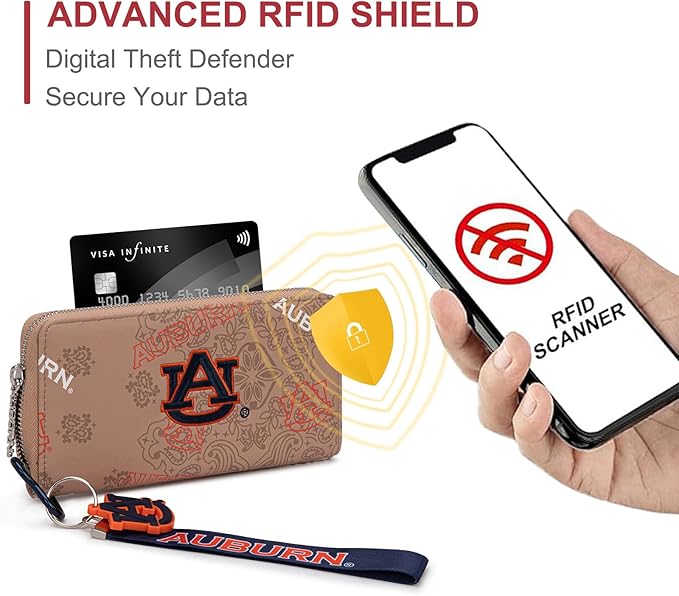 Auburn Wristlet Purse for Women - NCAA Official Licensed, Auburn Team Logo Wallet with RFID Blocking Card Slot, New Clutch Fan Purse for Game Day, Graduation Gift | Khaki, NC-AU011KH