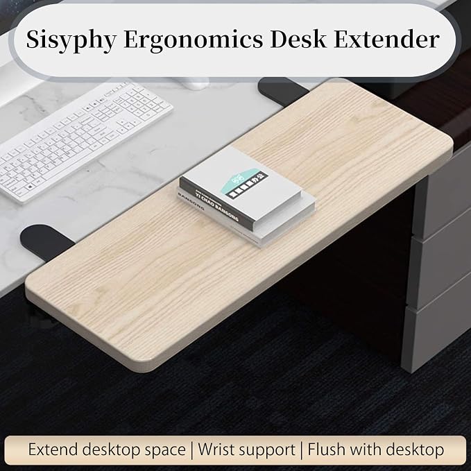 Sisyphy Ergonomics Desk Extender Tray, 21.7x9.5" Punch-Free Clamp on, Foldable Keyboard Drawer Tray, Table Mount Arm Wrist Rest Shelf, Computer Elbow Arm Support