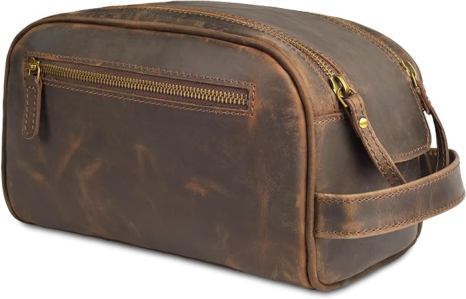 LEATHER VILLAGE Genuine Leather Toiletry Travel Bag With Waterproof Lining - Brown | King-Size Handcrafted Vintage Dopp Kit Bag, Shaving & Bathroom Organizer, Gift for Men & Women