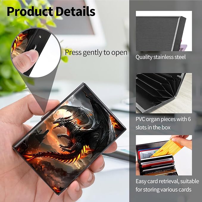Metal Wallet, Credit Card Holder for Women Men Girls, RFID Blocking Aluminum Wallet Slim Hard Case, Mini Travel Wallet, ID Card Holder Business Card Case,Fire Dragon