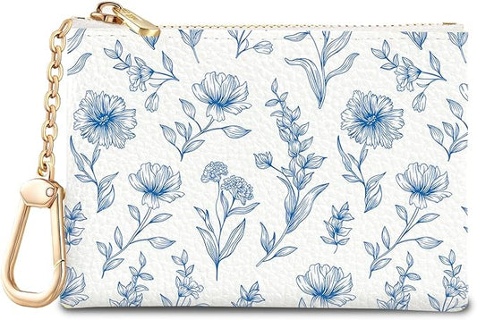 Blue Flower Keychain Coin Purse for Women, Abstract Small PU Leather Change Pouch, Zipper Little Tiny Travel Wallet for Girls, Cute Kawaii Zip Pocket Coin Holder with Key Ring
