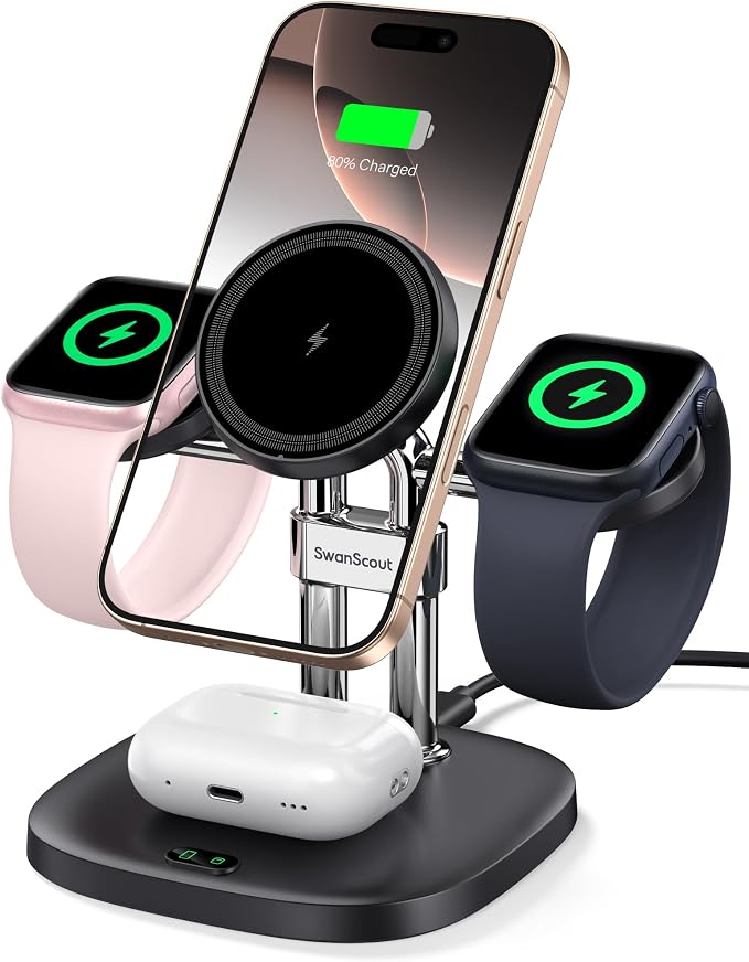 Dual Fast Charger for Apple Watch 11, Magnetic Wireless Charger Stand for iPhone Air/17 Pro Max/17 Pro/17/16/15/14, Charging Station for Apple Watch Ultra 3/SE 3/10/9/8/7/6, Airpods, SwanScout 709M
