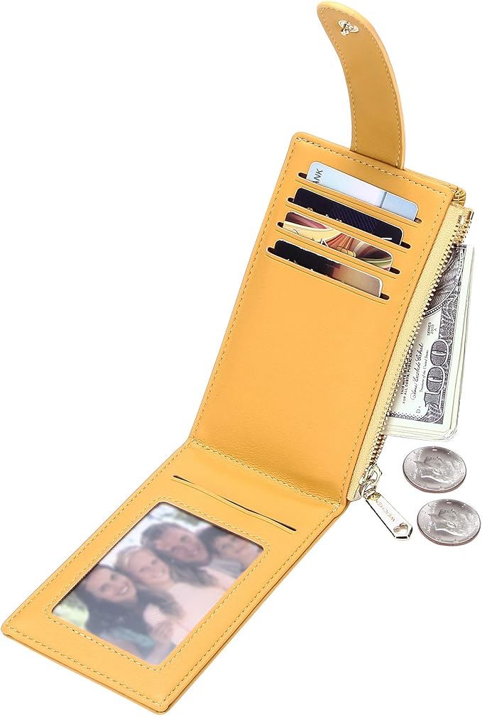Badiya Slim Women Wallet RFID Blocking Bifold Compact 9 Card Slots Holder Wallets Soft Leather with Zipper Coin Pocket 2 ID Window