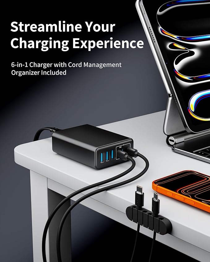 105W USB C Fast Charger, 6-Port Desktop GaN USB Charging Station Hub, USB C Charger Block Wall Charger for iPhone 17/16/15/14/13/12/11, iPad, Samsung and More (Cable Organizer Included)