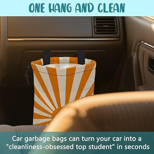 Car Trash Bag Retro Orange and White Sunray Leak-Proof Car Garbage Bag with Drawstring Foldable Canvas Trash Bin with Adjustable Buckle for Car Accessories, Travelling, Camping